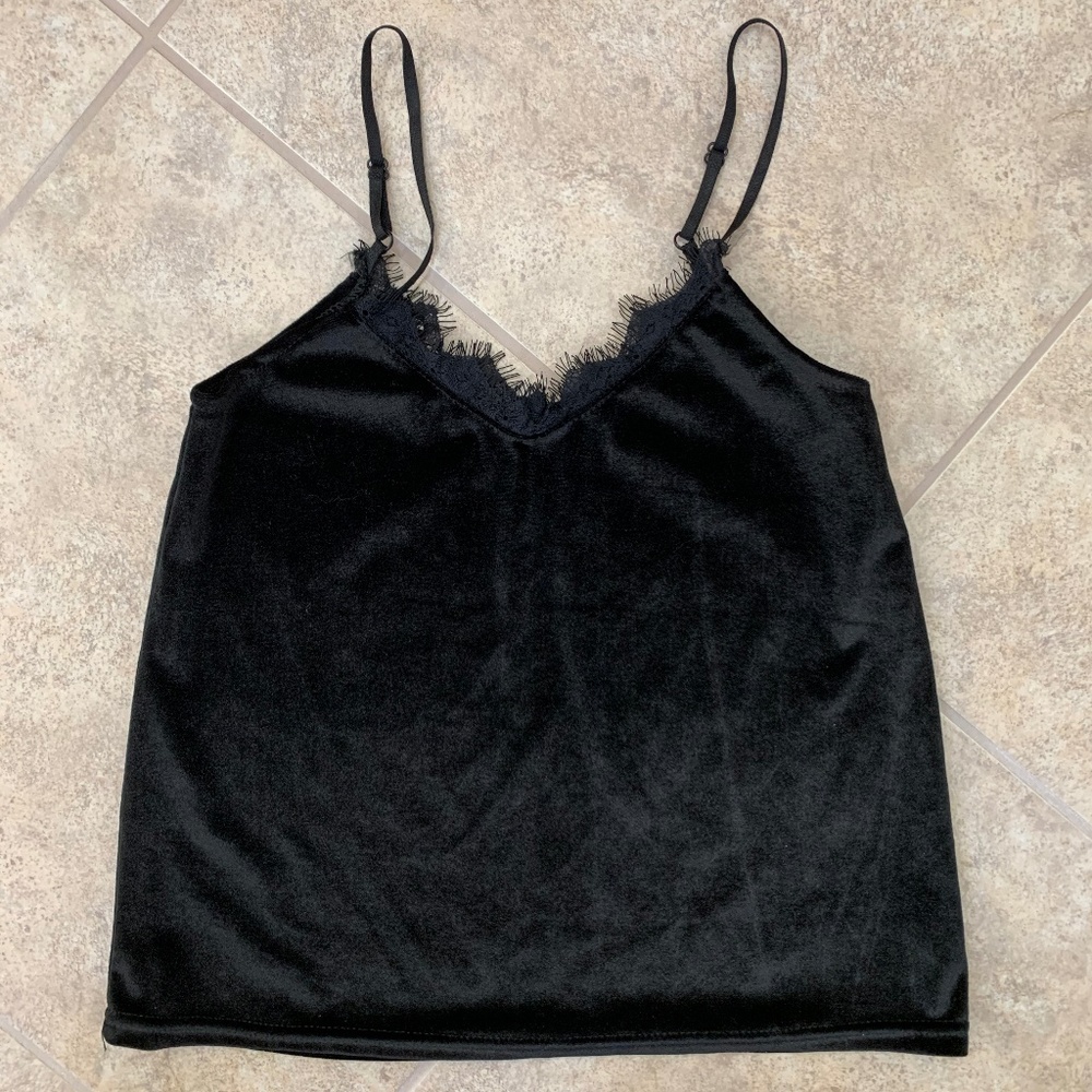 Black Velvet Lace Trim Tank Top